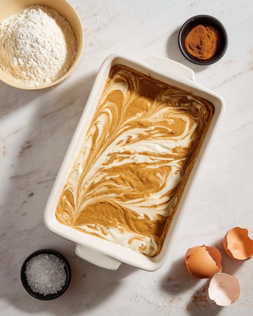 A white rectangular baking dish holds a two-layered batter mixture swirled together. The base layer is light cream-colored with a smooth, thick texture, while the top layer, swirled in gentle waves, is a medium brown color with a slightly creamy texture, creating a marbled look. The dish is placed on a white marbled surface, surrounded by a beige bowl with flour, a small white container of cinnamon, cracked brown eggshells, and a small black bowl with coarse sea salt. Photo taken with an iphone --ar 4:5 --v 7
