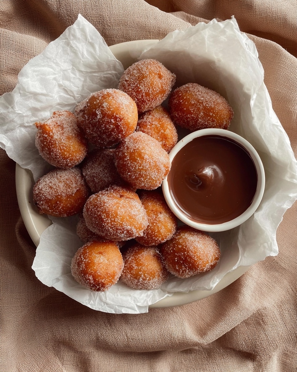 A white bowl lined with crumpled white parchment paper holds about fifteen small, round fritters covered lightly in sugar, each one a golden brown color with a slightly rough texture. Nestled among the fritters on the right side is a small white cup filled with smooth, glossy dark chocolate sauce. The bowl is placed on a beige textured fabric background. photo taken with an iphone --ar 4:5 --v 7