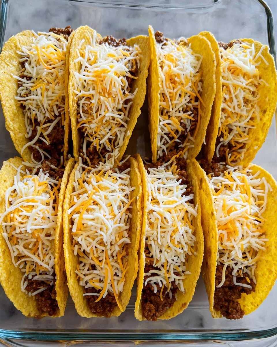 The image shows a glass baking dish filled with eight yellow taco shells standing upright, arranged tightly in two rows. Each taco has a base layer of dark brown cooked ground meat. On top of the meat, there is a thick layer of mixed shredded cheese in white and pale orange colors, filling each taco shell generously. The dish is set on a white marbled surface. photo taken with an iphone --ar 4:5 --v 7