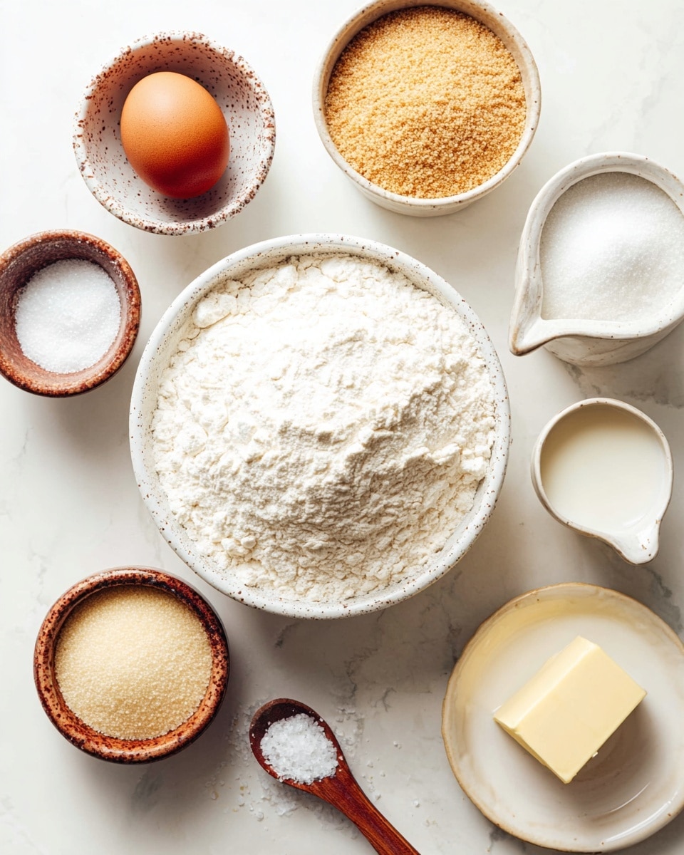 A large white bowl filled with a fluffy white flour mound sits near the center of a white marbled surface. Surrounding it are six smaller white bowls: one with a brown egg on a speckled rim, one with what looks like tan granulated sugar, one filled with coarse white salt, another with a small wooden spoon resting in a bowl of fine white powder, a small cup holding light beige yeast granules, and a small square of pale yellow butter on a shallow white plate. Also placed nearby is a white jug filled with milk. All the bowls and items are arranged neatly with clear textures visible for each ingredient. photo taken with an iphone --ar 4:5 --v 7