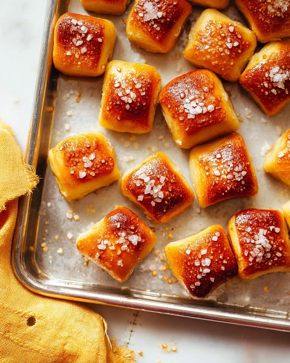 The image shows small golden brown pretzel bites on a shiny metal tray, each piece square-shaped with a smooth and slightly cracked surface. Each bite has a glistening crust with large grains of coarse salt sprinkled on top, adding texture and contrast. The tray is on a white marbled surface, and some salt grains are also scattered outside the tray. There is a soft yellow cloth with stitches partially visible at the bottom left corner. Photo taken with an iphone --ar 4:5 --v 7