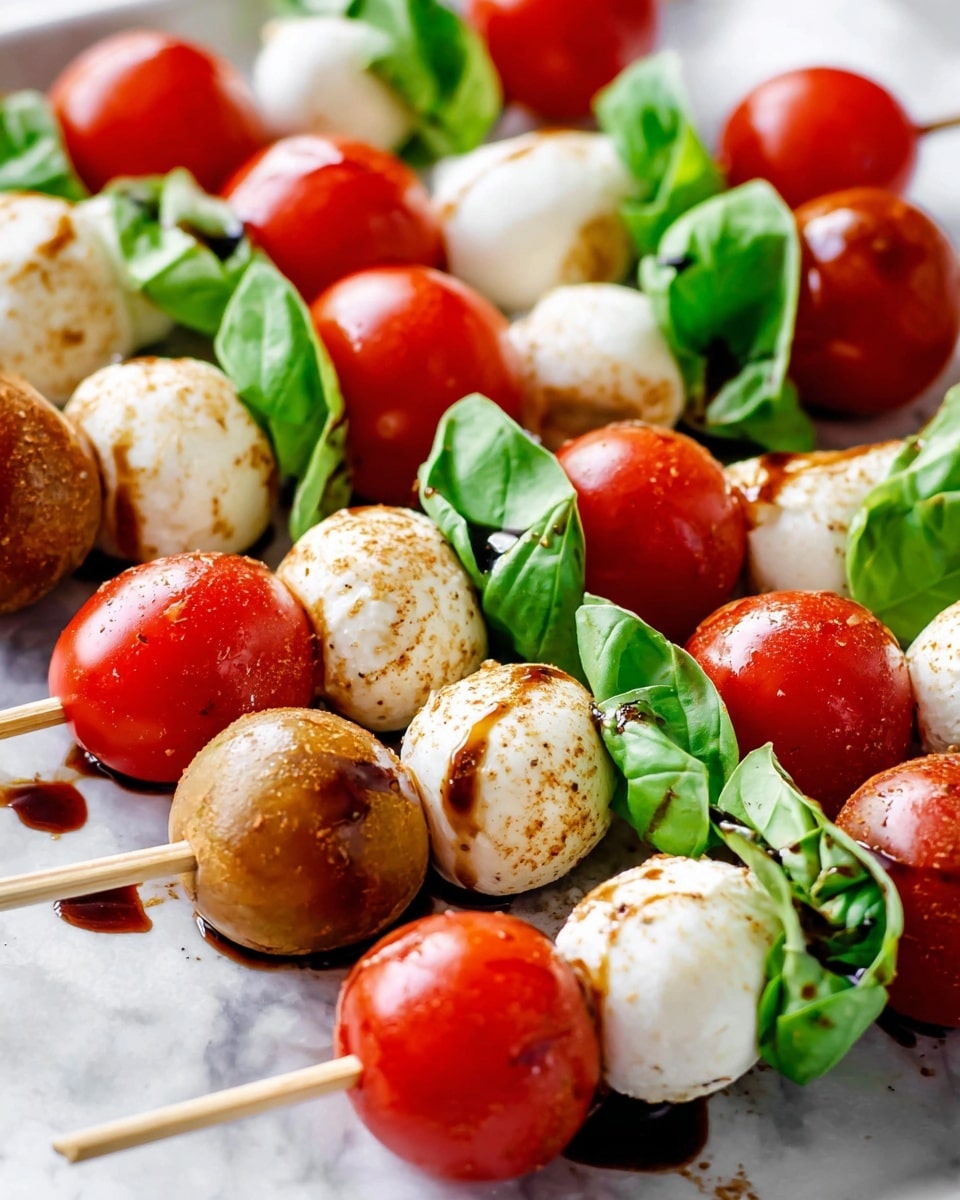 The image shows multiple skewers arranged closely on a white marbled surface, each skewer with four layers: a round white mozzarella ball with a light brown seasoning on the surface, a bright green fresh basil leaf with a smooth texture, a shiny red cherry tomato with droplets of water, and another mozzarella ball at the end. The layers create a colorful pattern of white, green, and red, with some balsamic glaze drizzled over them, adding dark spots and a glossy shimmer. The skewers have flat, light wooden handles. photo taken with an iphone --ar 4:5 --v 7