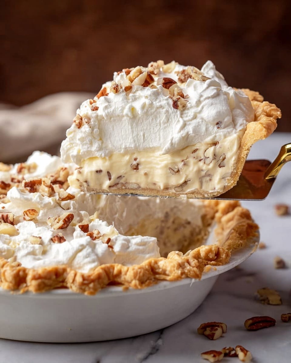 The image shows a pie slice being lifted by a pie server with a wooden handle, revealing three distinct layers. The bottom layer is a golden, flaky crust with a slightly crimped edge. Above the crust is a thick, creamy filling with a light beige color and visible small pieces of nuts mixed inside. The top layer is a thick, fluffy white whipped cream, generously piled and slightly uneven in texture. The pie is garnished with small pieces of chopped nuts scattered on top of the whipped cream. The pie is in a white pie dish, placed on a white marbled surface. Photo taken with an iphone --ar 4:5 --v 7