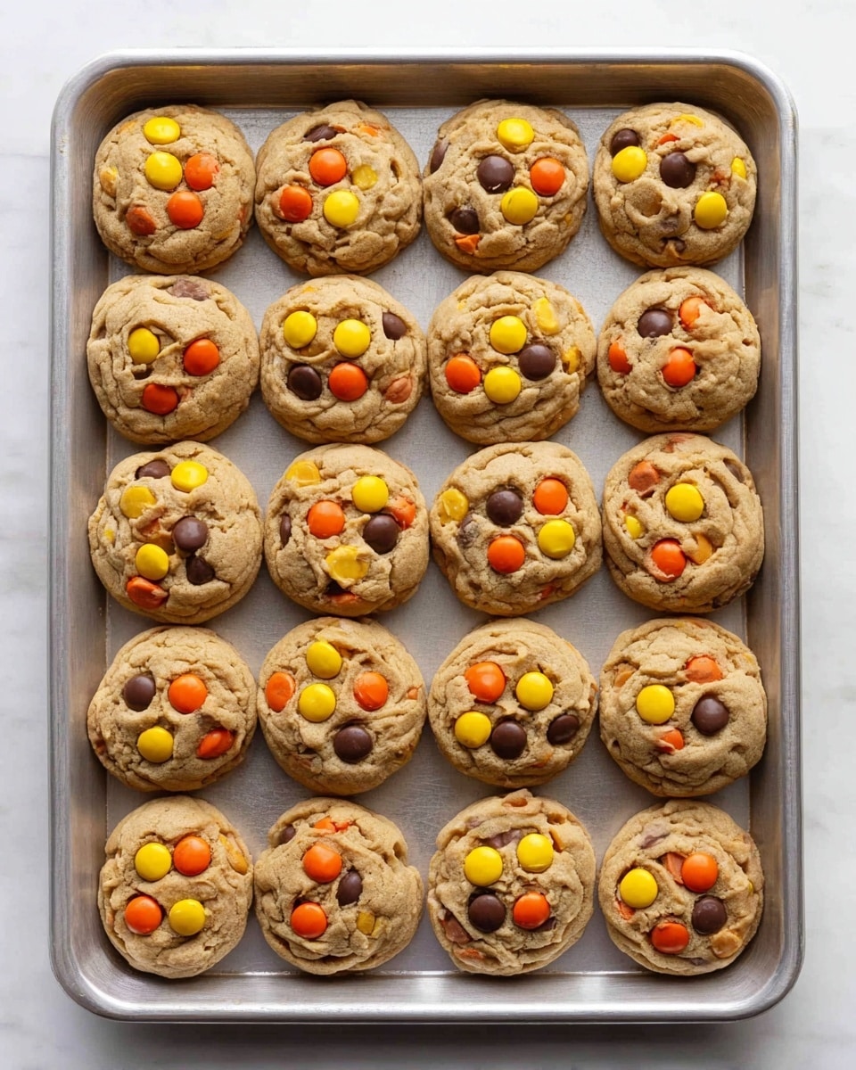 A metal baking tray filled with twenty round, golden-brown cookies arranged in a 5 by 4 grid. Each cookie has a slightly cracked texture and is topped with colorful candy pieces in orange, yellow, brown, and light beige, scattered evenly across the surface. The cookies are puffy and thick, giving a soft, chunky appearance. The tray rests on a white marbled surface. photo taken with an iphone --ar 4:5 --v 7