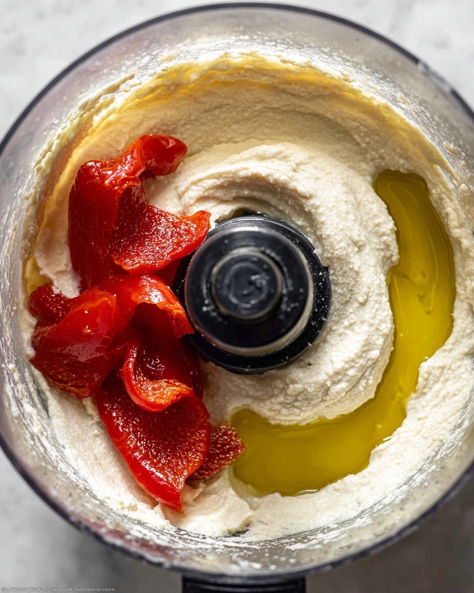 A close-up of a food processor bowl containing three main layers: a thick smooth creamy white hummus base spread evenly around the bowl, a drizzle of golden olive oil sitting on top of the hummus with a shiny, oily texture, and several pieces of shiny, bright red roasted peppers placed near the center, slightly overlapping each other. The food processor blade is visible in the middle, with the black center cap standing out against the food. The entire setup rests on a white marbled texture surface. Photo taken with an iphone --ar 4:5 --v 7