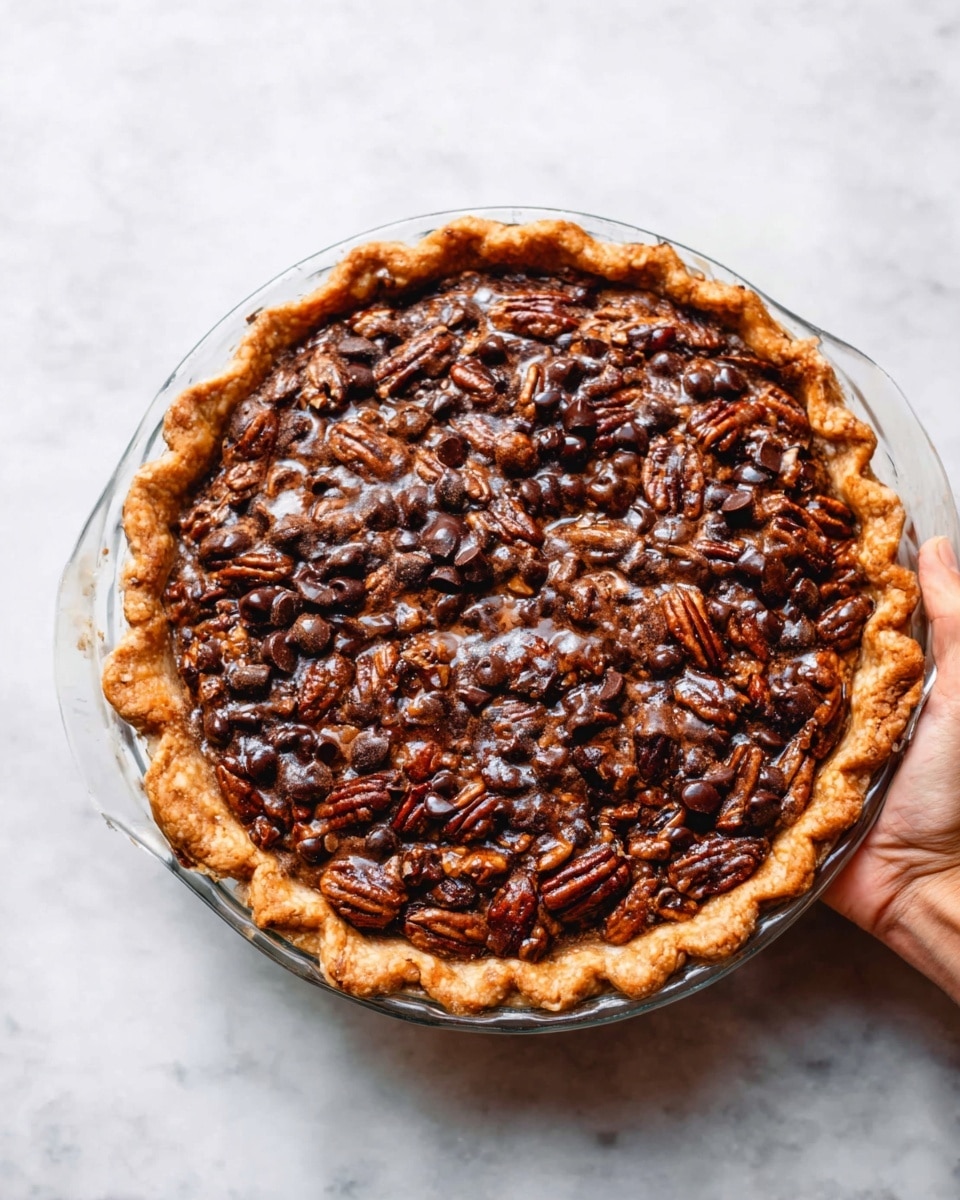 The image shows a round pecan pie in a clear glass pie dish with a golden-brown crust that is crimped around the edges. The top layer is thickly covered with whole pecans and chocolate chips, which create a textured, bumpy surface with a mix of dark brown and shiny chocolate colors. The filling underneath looks rich and slightly glossy, with visible swirls of melted chocolate blending with the nuts. The pie is placed on a white marbled surface that provides a clean and bright contrast to the dark pie. A woman's hand is holding the pie from the side, gently lifting it. photo taken with an iphone --ar 4:5 --v 7