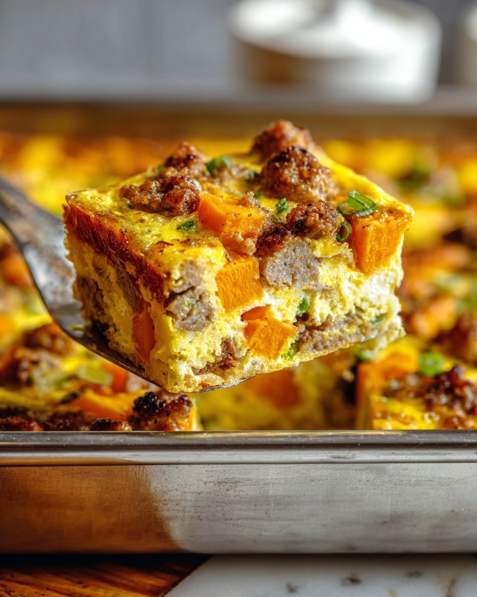 A thick, square slice of a baked egg dish is shown being lifted from a metal tray. The slice has three visible layers: at the top and bottom, a slightly golden-yellow baked egg layer with a smooth but firm texture, and in the middle, a chunky mix of browned sausage and bright orange sweet potato cubes with small bits of green pepper scattered throughout. The crust edges are light yellow and the dish looks moist but firm, with the ingredients clearly distinct and well cooked. The scene has a warm tone with a white marbled surface below and a blurred background. photo taken with an iphone --ar 4:5 --v 7