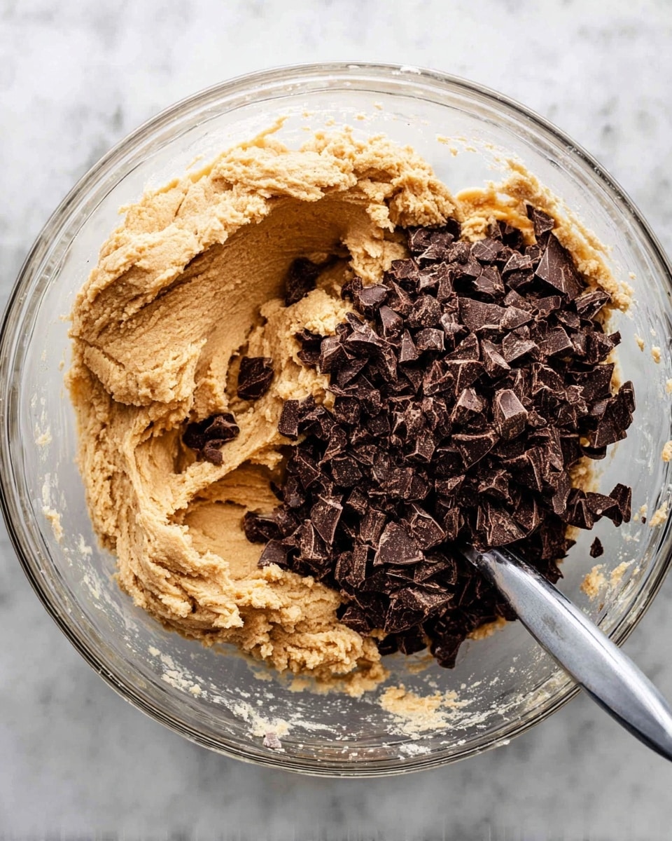 In a clear glass bowl on a white marbled surface, there is a thick light brown dough filling most of the bowl on the left side, with a large pile of dark brown chopped chocolate pieces resting on the right side of the dough. A silver spatula is partially buried in the dough, hovering in the center of the bowl as if ready to mix the chocolate into the dough photo taken with an iphone --ar 4:5 --v 7
