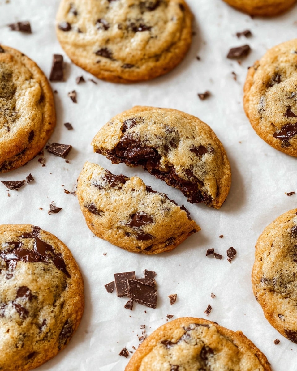 The image shows multiple round chocolate chip cookies on a white marbled surface lined with white paper. Each cookie is light golden brown with darker brown melted chocolate pieces scattered throughout. One cookie near the center is broken in half, revealing a soft, dark chocolate inside. Small bits of chocolate are scattered around the cookies, adding texture to the scene. The cookies look soft and slightly puffy, with a slightly crinkled top. photo taken with an iphone --ar 4:5 --v 7
