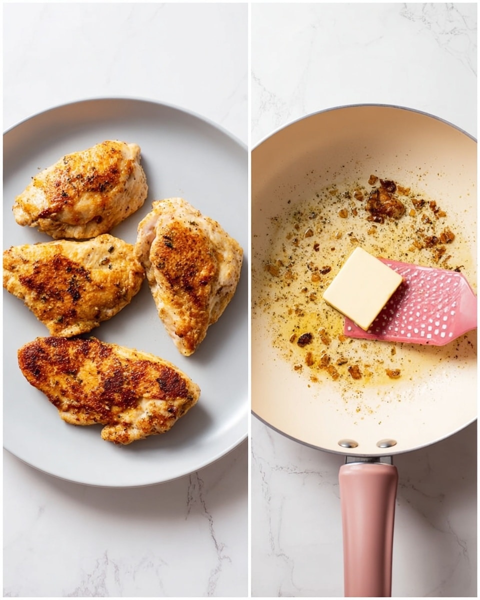 The image shows two parts: on the left, four cooked chicken pieces are arranged on a round white plate. The chicken pieces are golden brown with some darker spots, showing a crispy texture and slightly uneven shapes. The plate is placed on a white marbled surface. On the right, there is a close-up of a white frying pan with browned bits stuck to its light interior. In the center of the pan sits a small square of butter melting, while a pink spatula with white dots rests on the edge of the pan. The surface under the pan is also a white marbled texture. photo taken with an iphone --ar 4:5 --v 7
