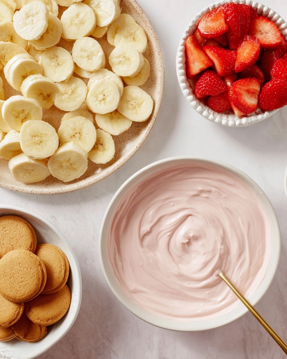 The image shows four main parts arranged on a white marbled surface. On the top left, there is a speckled tan plate full of evenly sliced yellow bananas, arranged in a single layer covering the plate. To the top right, a small white textured bowl holds bright red sliced strawberries, placed closely together. On the bottom left, a white bowl contains round golden-brown cookies, some inside the bowl and a few scattered outside it. Finally, the bottom right features a large white bowl filled with smooth, light pink creamy mixture with soft swirls visible on the surface. A golden spoon rests in the pink cream. photo taken with an iphone --ar 4:5 --v 7