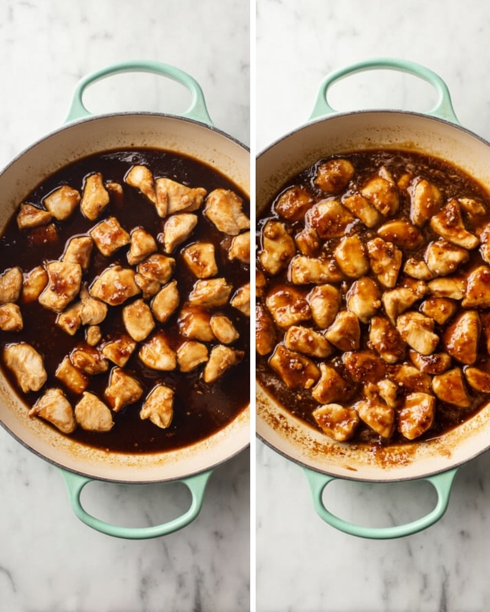 The image shows two side-by-side views of a round cast iron skillet with a light mint green handle, placed on a white marbled surface. In the left view, there are many small, golden brown chicken pieces layered over a pool of dark, glossy brown sauce that partially fills the pan. The chicken pieces are lightly browned with a soft texture. In the right view, the chicken pieces are fully coated in the rich brown sauce with a shiny finish and appear to be simmering gently. The skillet is centered in both views with the same white marbled background and bright natural lighting. Photo taken with an iphone --ar 4:5 --v 7