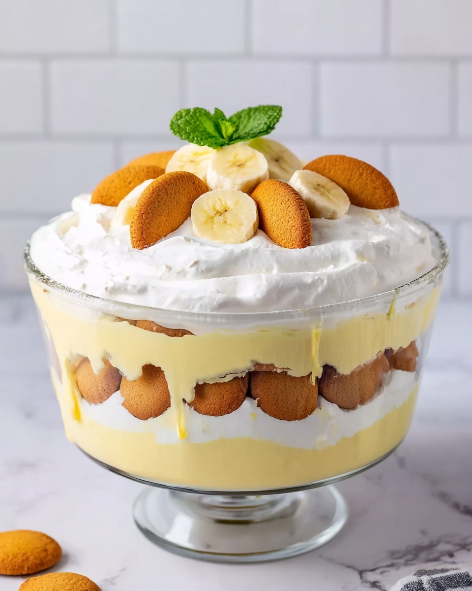 The Best Banana Pudding (+Video) Recipe 5 The image shows a clear glass bowl filled with a layered dessert. The bottom layer is a row of round golden brown cookies, above them is a thick pale yellow creamy layer dripping slightly on the sides, followed by another similar layer of cookies partially covered by the creamy layer. The top is a thick fluffy white cream layer, decorated with two round cookies, two slices of banana, and a small green mint leaf in the center. The bowl is placed on a white marbled surface with a blurred white tiled background. Photo taken with an iphone --ar 4:5 --v 7