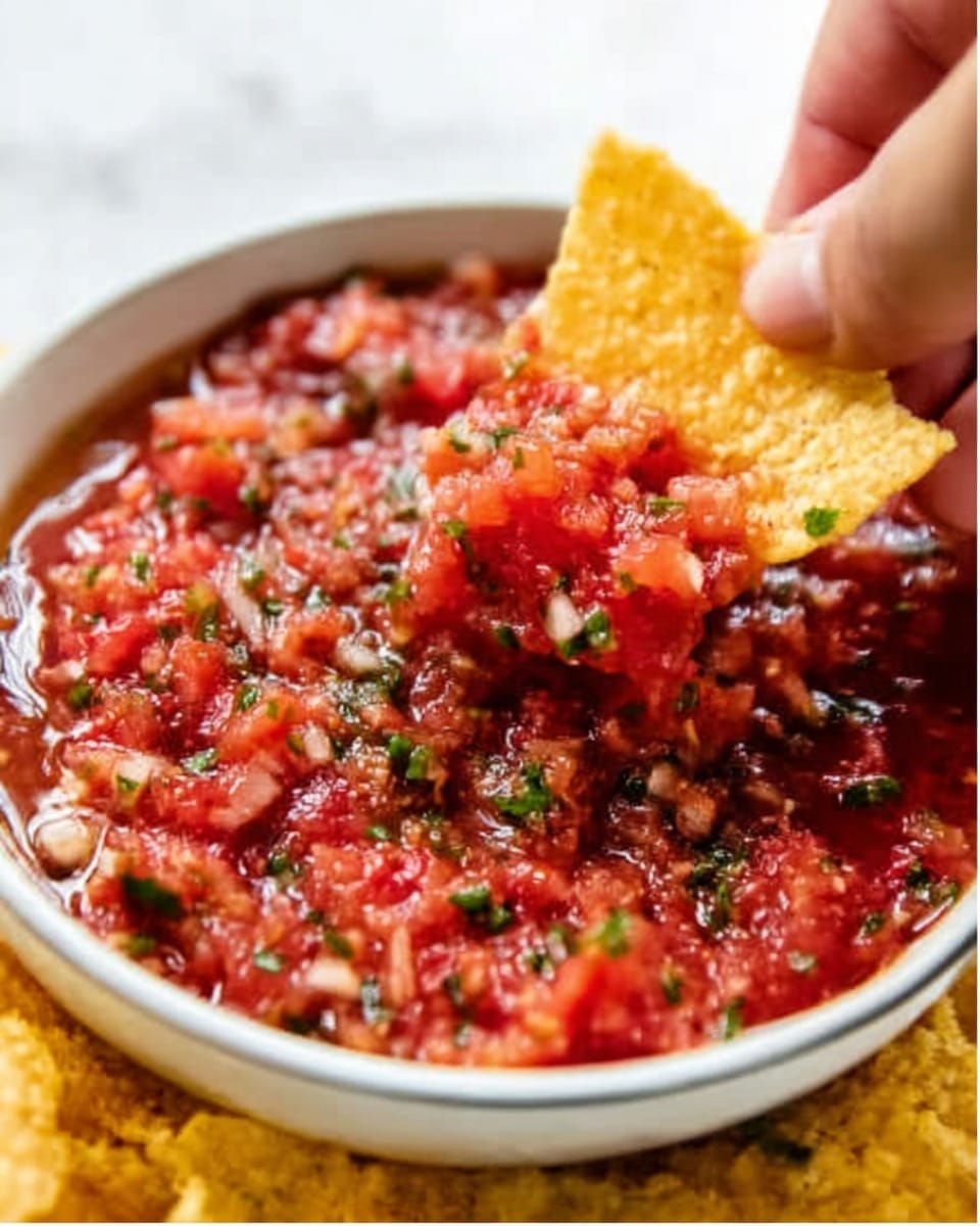 A close-up image of a white bowl filled with chunky red salsa, showing layers of finely chopped tomatoes, small bits of green herbs, and small white pieces likely onion, all mixed together and slightly wet with juice. A woman's hand is holding a yellow corn chip halfway dipped into the salsa, with the chip’s rough texture clearly visible. The bowl is placed on a white marbled surface, highlighting the vivid red and green colors of the salsa. photo taken with an iphone --ar 4:5 --v 7