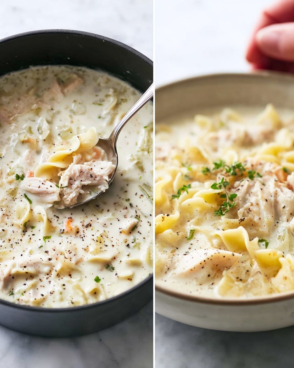 The image shows creamy chicken noodle soup in two scenes. On the left, a black pot filled with thick white cream and small pasta pieces mixed with chunks of light brown chicken, sprinkled with black pepper and green herbs. A woman's hand holds a silver spoon scooping the soup, showing the noodles and chicken clearly in the spoon. On the right, the soup is in a white bowl with a light rim, filled with the same creamy white broth, noodles, chicken pieces, more black pepper, and a small green herb for garnish. Both scenes sit on a white marbled surface that brightens the creamy texture of the soup. The soup looks smooth and comforting with a gentle mix of colors from white cream, pale yellow noodles, and bits of chicken. Photo taken with an iphone --ar 4:5 --v 7