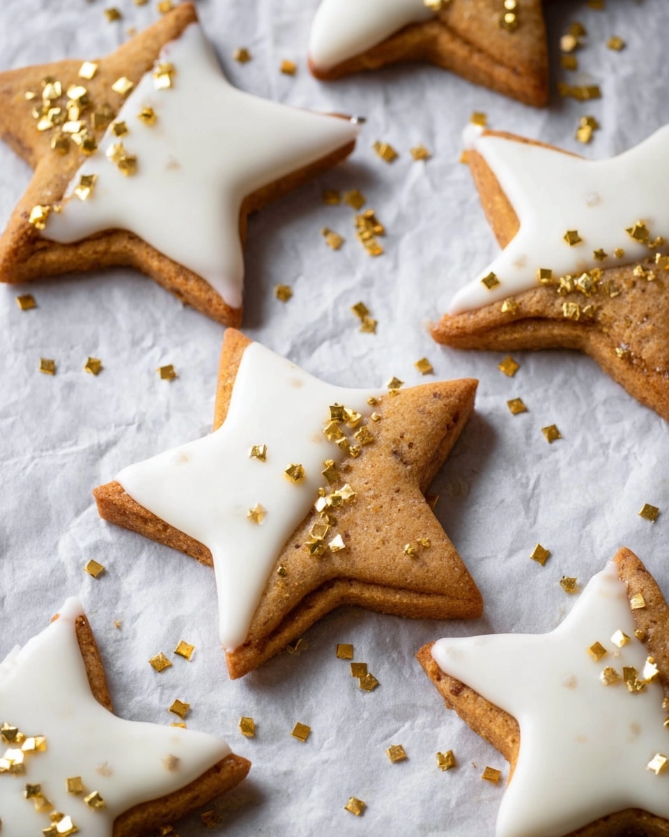 The image shows several star-shaped cookies on a white marbled textured surface. Each cookie has two layers: a golden-brown base layer with a slightly rough texture and a smaller top layer of glossy white icing that covers part of the cookie. The icing is smooth and shiny, dripping slightly on the edges. On top of the icing and some parts of the cookie, there are small golden square and star-shaped sprinkles scattered unevenly, adding sparkle and contrast. The cookies are arranged casually, with some sprinkles falling around them. Photo taken with an iphone --ar 4:5 --v 7
