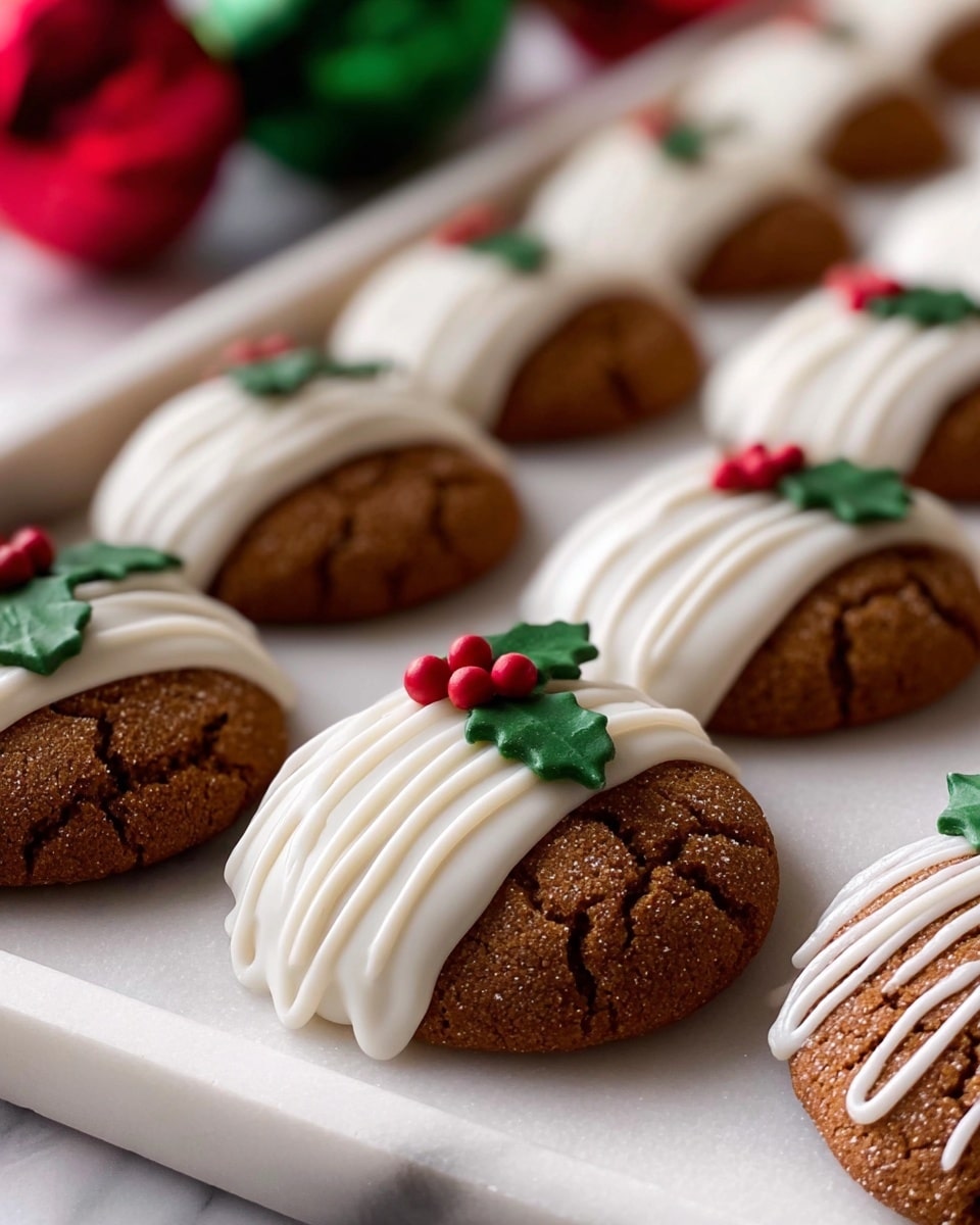 The image shows round cookies with a cracked texture in light brown color. Each cookie is half covered with smooth white icing on the top part, decorated with thin white icing lines dripping down slightly. On the white icing near the edge, there is a small green holly decoration with three red berries. The cookies are laid out on a white marbled surface in a scattered arrangement. Photo taken with an iphone --ar 4:5 --v 7