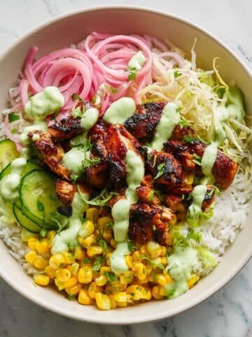 Oven-Baked BBQ Chicken Rice Bowls with Creamy Cilantro Ranch Recipe