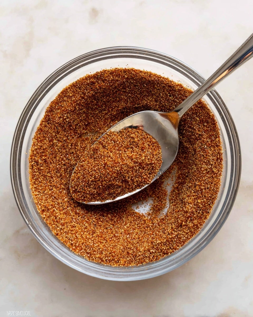 The image shows one layer of a fine, mixed spice blend in a clear glass bowl with a shiny metal spoon resting inside. The spice blend is mostly brown with hints of red and orange, and has a dry, grainy texture. The spoon scoops a small mound of the spice mix at the center of the bowl, with the rest spread evenly around it. The bowl sits on a white marbled surface. Photo taken with an iphone --ar 4:5 --v 7