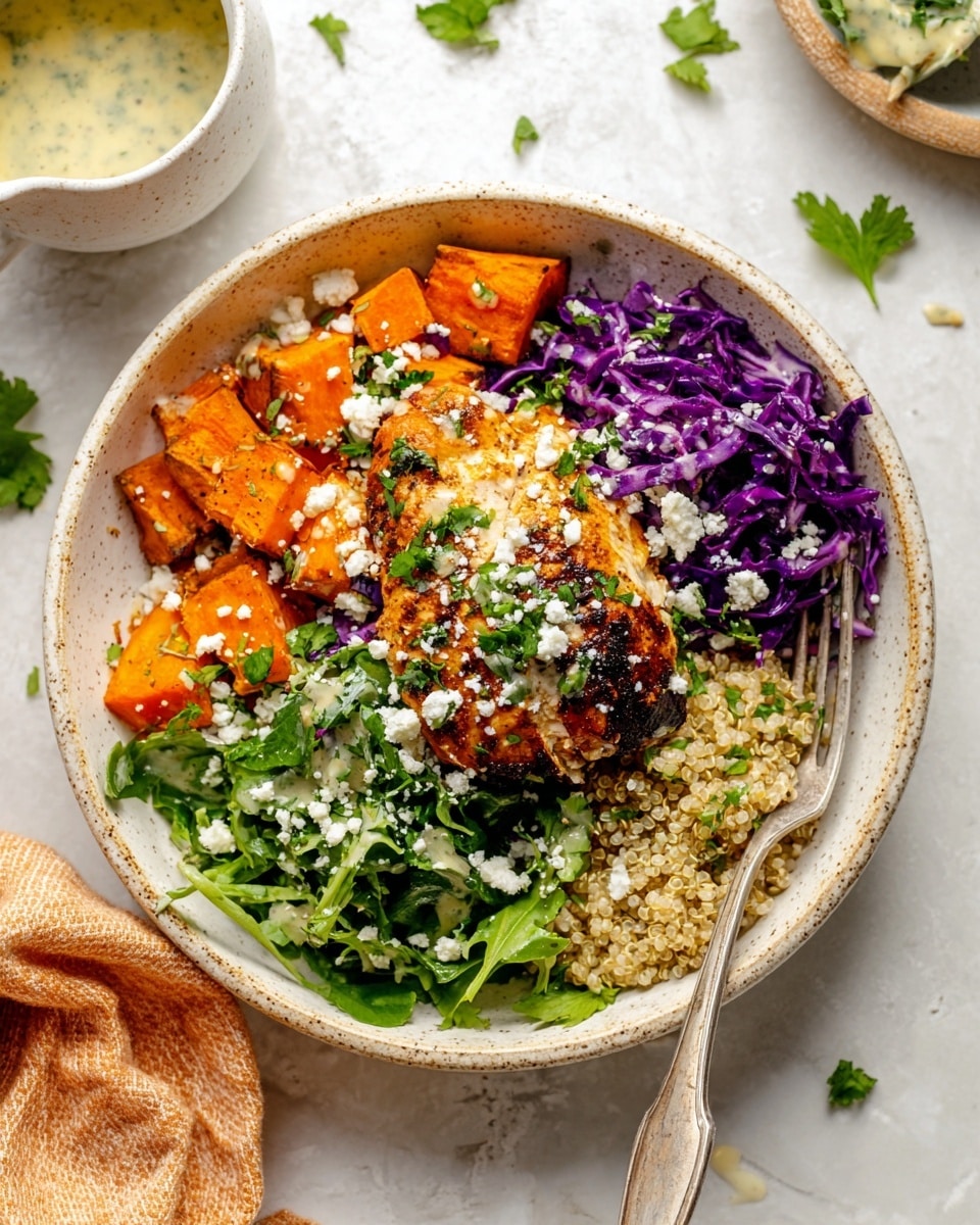 A white speckled bowl sits on a white marbled surface holding a colorful layered meal. The top layer features a golden brown grilled chicken piece in the center, sprinkled with white crumbles and green parsley leaves. To the left, there are thick orange roasted sweet potato pieces, also sprinkled with white crumbles. Adjacent to the sweet potatoes is a portion of bright purple shredded cabbage topped with a light dressing. On the right side of the chicken, a mix of fresh green leafy arugula with a drizzle of creamy dressing overlaps with a bed of light-colored quinoa sprinkled with green herbs. A silver fork rests on the edge of the bowl, partially on the cabbage. In the background, a small white jug of creamy dressing is visible. Photo taken with an iphone --ar 4:5 --v 7