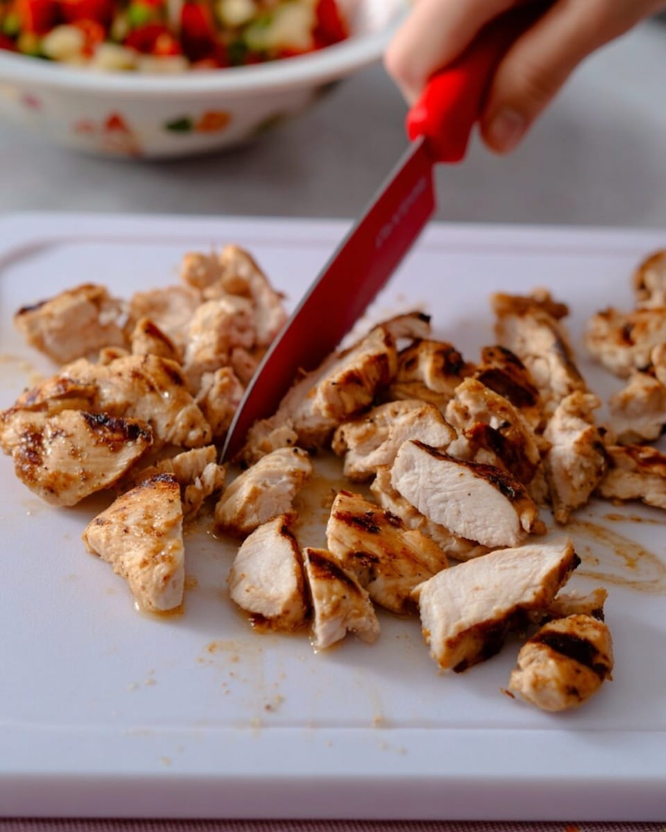 The image shows pieces of cooked chicken with a light brown, grilled surface and white interior, placed on a white cutting board. The chicken is cut into uneven small chunks and strips, with some pieces more browned on the outside. A red knife is slicing through one piece near the top left, held by a woman's hand visible in the top right corner. In the background, there is a blurry round white bowl filled with colorful food, and the surface beneath everything has a white marbled texture. photo taken with an iphone --ar 4:5 --v 7