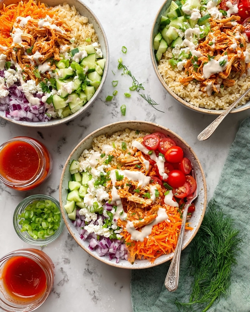The image shows three bowls of a colorful rice and vegetable dish placed on a white marbled surface. Each bowl contains a base layer of light brown rice, topped with shredded orange chicken on one side. Next to the chicken, there are layers of diced cucumber, chopped red onion, halved bright red cherry tomatoes, and shredded orange carrots. The dish is finished with a drizzle of creamy white sauce and sprinkled with small pieces of white cheese and chopped green onions. A silver fork rests inside each bowl on the right side. Nearby, there is a small bowl of green sliced onions and a glass container filled with bright red sauce, along with some fresh dill sprigs and a green cloth napkin. photo taken with an iphone --ar 4:5 --v 7