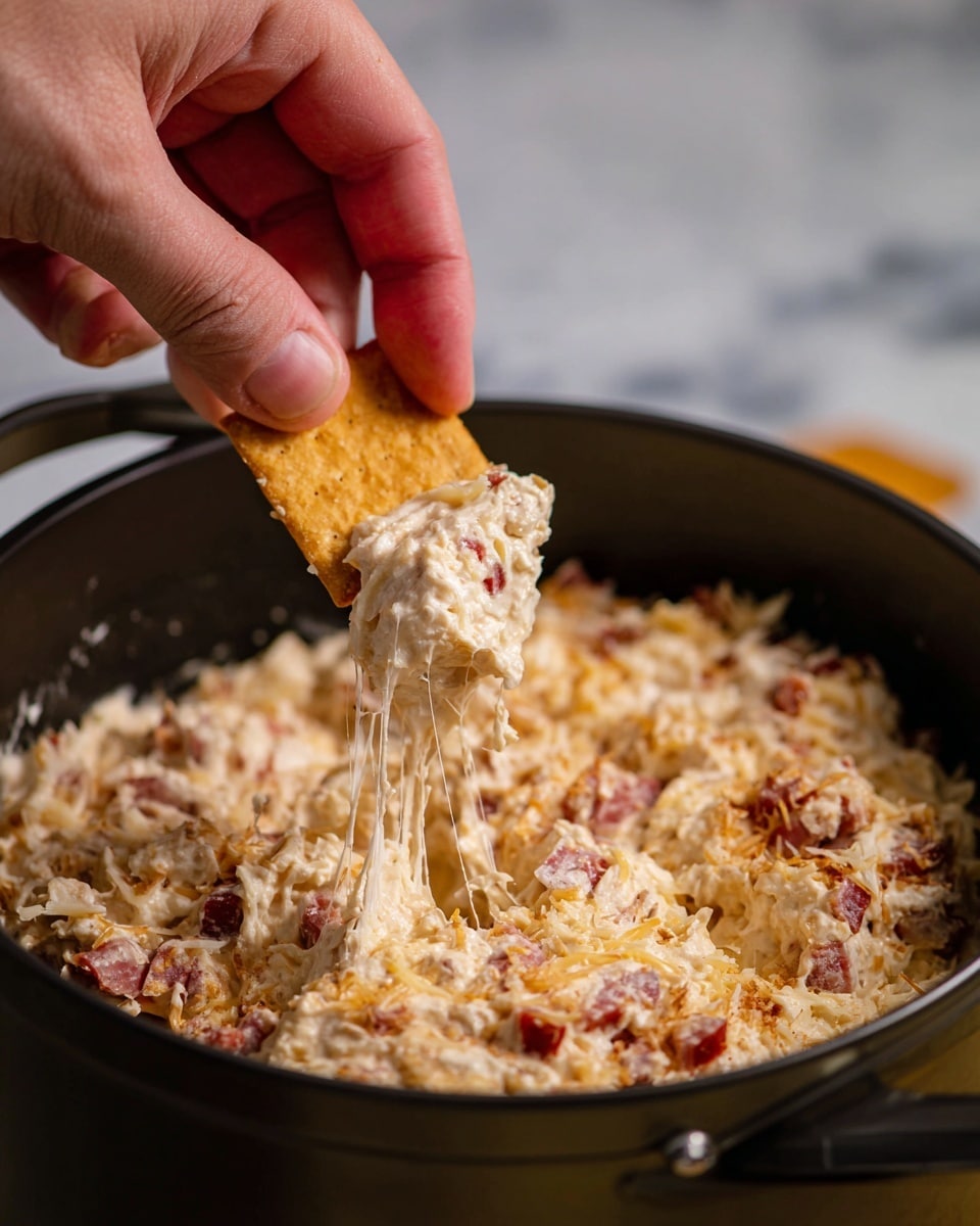 A close-up view shows a black pot filled with a creamy textured dip mixed with small red pieces throughout, giving it a marbled look of pale cream and light red. A woman's hand is dipping a light brown, square cracker with a woven texture into the thick, soft mixture, pulling some of the dip which stretches slightly between the pot and cracker. The background is a white marbled surface with some out-of-focus crackers near the pot edge. The pot has the word