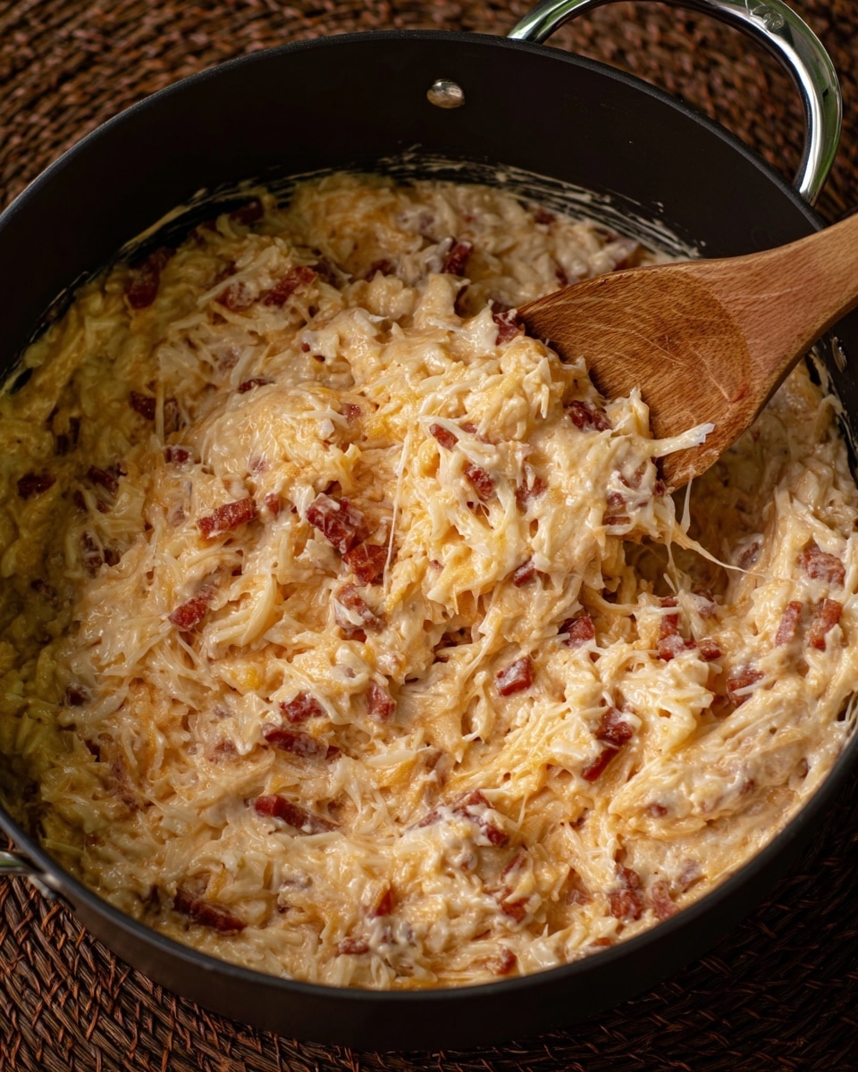 A large dark grey pot filled with a creamy, mixed dish that looks soft and thick in texture. The dish is mostly beige with bits of red mixed throughout, showing shredded pieces and some small chunks. There is a wooden spoon resting inside, partially covered with the creamy mixture. The pot sits on a light brown woven surface. photo taken with an iphone --ar 4:5 --v 7