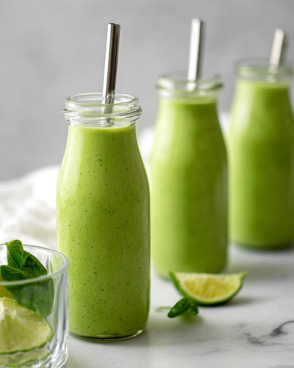 Three small clear glass bottles filled with a thick, bright green smoothie are placed on a white marbled surface. Each bottle has a silver metal straw sticking out from the top. The texture of the smoothie looks smooth with tiny darker green specks throughout. In the foreground, the closest bottle is fully visible, showing the creamy green drink filling almost to the top. A clear glass with green lime slices sits nearby on the surface, with a small green leaf next to it. The background is softly blurred, keeping the focus on the bottles. photo taken with an iphone --ar 4:5 --v 7
