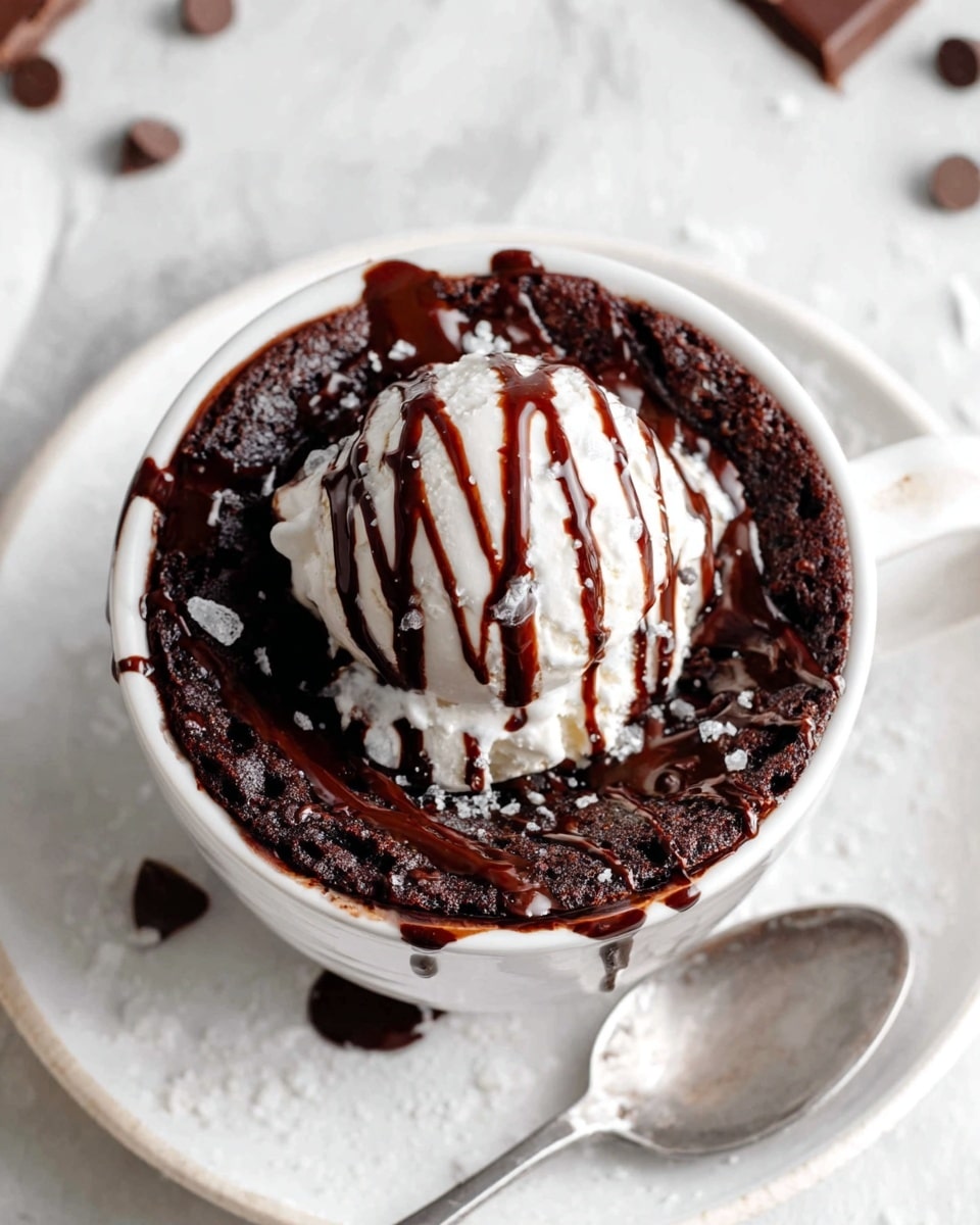 A white cup filled with a rich dark brown chocolate cake layer on top, drizzled with thick melted chocolate in uneven lines across the surface. In the center, there is a scoop of creamy white ice cream with thin chocolate drizzle on it. The cup sits on a white saucer with a white marbled texture underneath and a silver spoon resting beside it. Some chocolate pieces are scattered on the white marbled background around the cup. Photo taken with an iphone --ar 4:5 --v 7