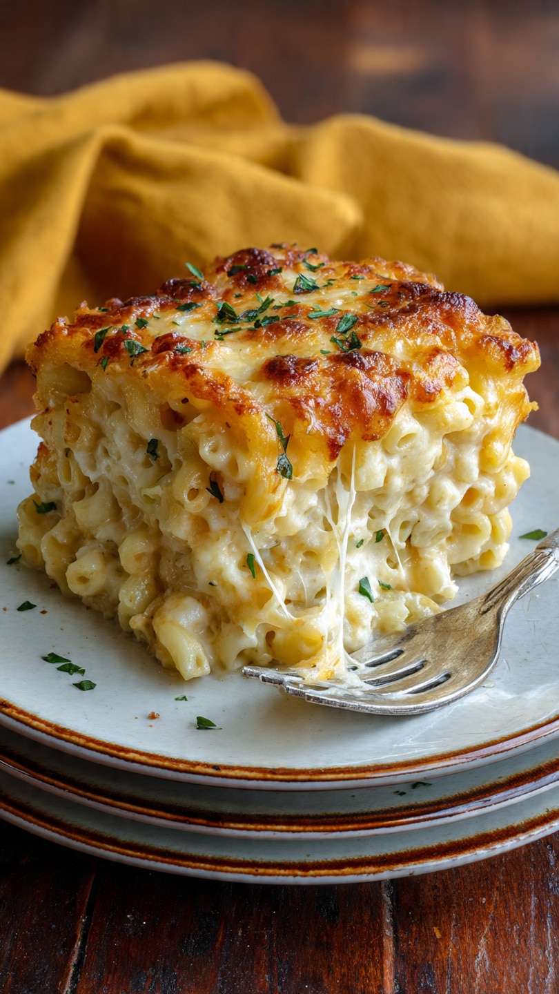 A thick square piece of baked macaroni and cheese is placed on a stack of two white plates with brown rim. The dish has two main layers of creamy, slightly orange macaroni pasta, topped with a browned, bubbly, melted cheese layer sprinkled with green herbs. A fork on the right pulls a cheesy stringy bite, showing the gooey texture inside. The setup is on a rustic wooden table, with a mustard yellow cloth in the background. Photo taken with an iphone --ar 4:5 --v 7