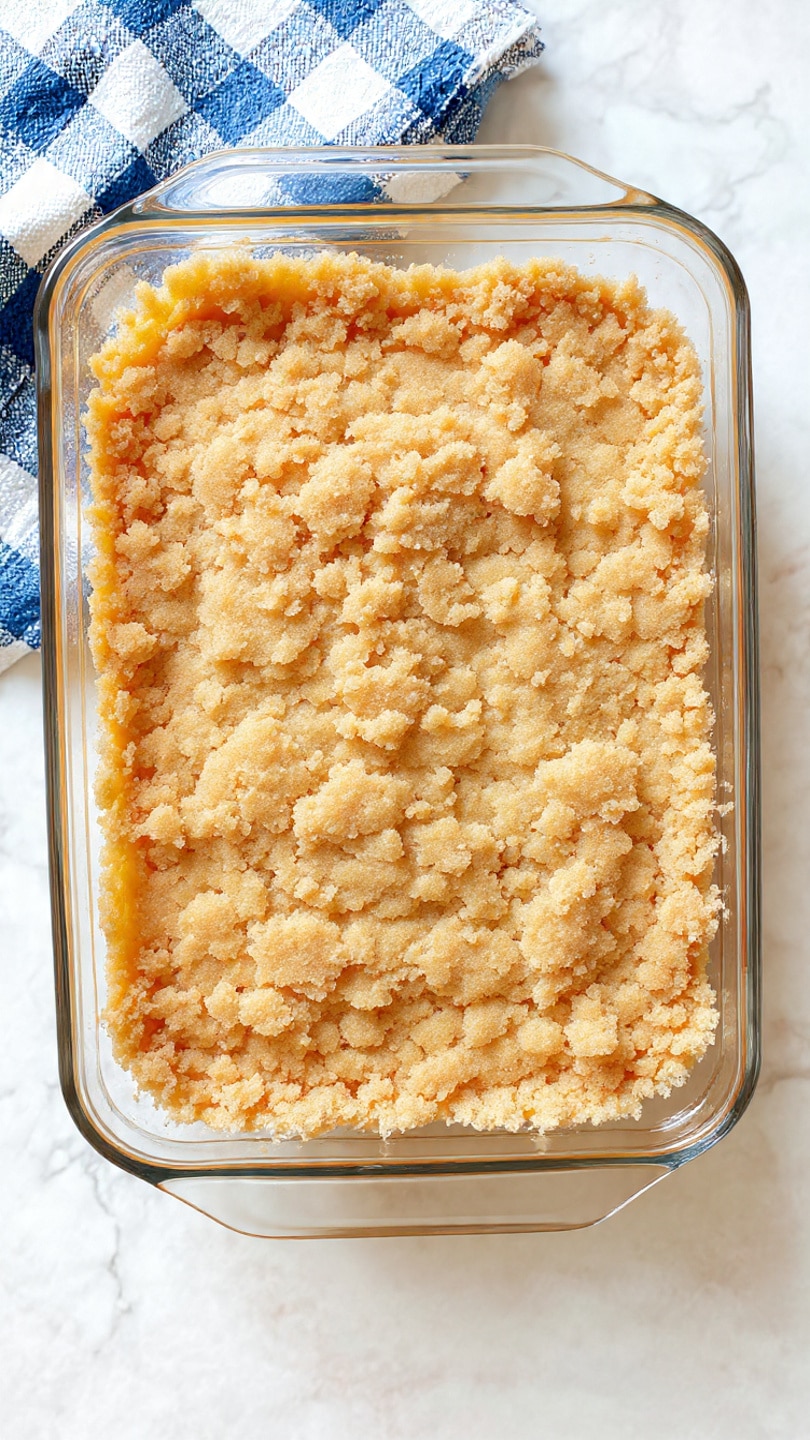 A clear glass rectangular baking dish filled with one thick layer of crumbly, light brown streusel topping that looks coarse and uneven. The dish sits on a white marbled surface with a blue and white checkered cloth on the top left corner. The streusel covers the whole top layer with small clumps creating a rough texture across the surface photo taken with an iphone --ar 4:5 --v 7