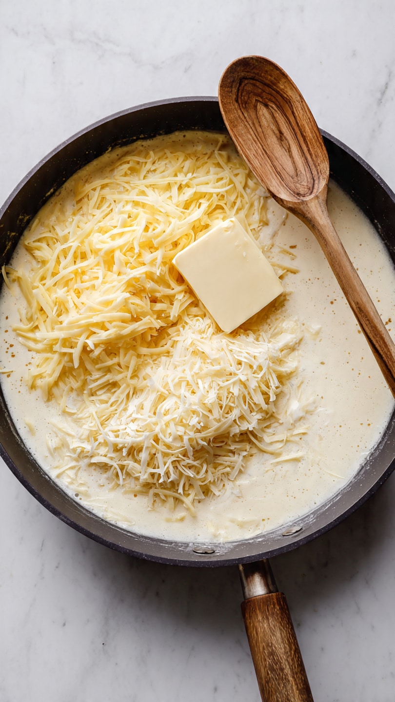 The image shows a round black pan filled with a creamy white mixture topped with a pile of shredded yellow cheese on one side and a small square of butter next to it. A wooden spoon is partly in the pan, resting on the mixture, appearing to be stirring or mixing. The background surface is a white marbled texture. Photo taken with an iphone --ar 4:5 --v 7