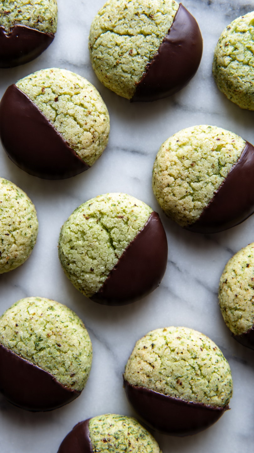 The image shows many small cookies placed randomly on a white marbled surface. Each cookie has a rough, round shape with a pale green color mixed with small brown bits inside them. About half of the cookies have their bottom half dipped in smooth, glossy dark brown chocolate, creating a shiny contrast with the textured green cookie tops. The cookies look soft with slight cracks on the surface, and the overall scene is bright with clear natural light. photo taken with an iphone --ar 4:5 --v 7