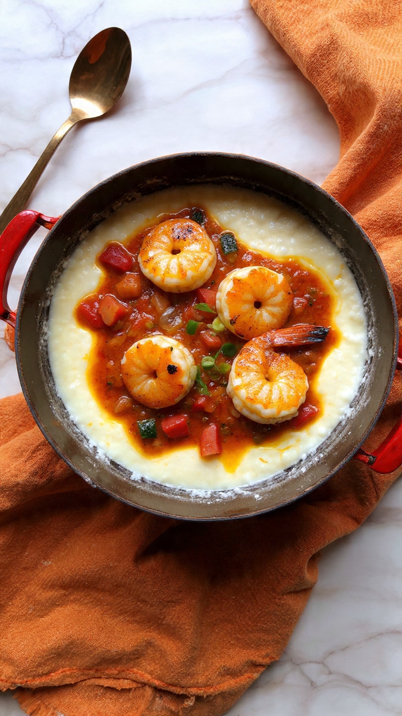 The dish shows a bowl with two main layers: a creamy, smooth light yellow base filling most of the bowl, topped with a reddish-brown sauce that holds several cooked shrimp and small pieces of vegetables, including red and green bits, garnished with green onion slices. The shrimp are orange with charred edges, and the sauce looks thick with visible chunks of tomato and spices. The bowl sits on a white marbled surface with an orange cloth partially beneath it, and there are metal spoons placed nearby. Photo taken with an iphone --ar 4:5 --v 7