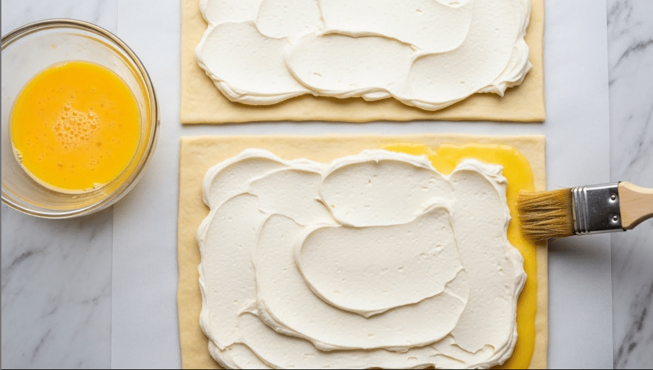The image shows a square piece of pastry dough with a thick, white creamy layer spread in the center, leaving a border around the edges. Above it is another square piece of dough already spread with the same white cream forming the top layer. To the left side, there is a small glass bowl filled with a yellow liquid, likely an egg wash, and a brush with light brown bristles is applying the egg wash onto the edge of the dough. The surface underneath is lined with parchment paper on a white marbled texture. photo taken with an iphone --ar 4:5 --v 7