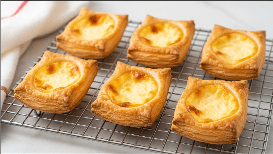 The image shows six small rectangular pastries arranged in two columns and three rows on a silver cooling rack. Each pastry has a puffed golden-brown crust with a raised border, and the inner part is filled with a creamy white layer that is slightly browned on top in some spots. The texture of the filling looks smooth and soft, contrasting with the flaky, crisp edges of the pastry. The cooling rack rests on a white marbled surface, and a white cloth with red lines is seen folded on the left side of the image. photo taken with an iphone --ar 4:5 --v 7
