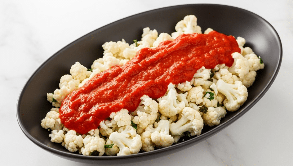 The image shows a dark oval white bowl filled with two main layers. The bottom layer is light and chunky, made of raw cauliflower pieces with some scattered small bits of dark green vegetables. The top layer is a thick, smooth red sauce spread evenly over the cauliflower, creating a bright contrast. The bowl is placed on a white marbled surface, giving a clean and simple look. photo taken with an iphone --ar 4:5 --v 7