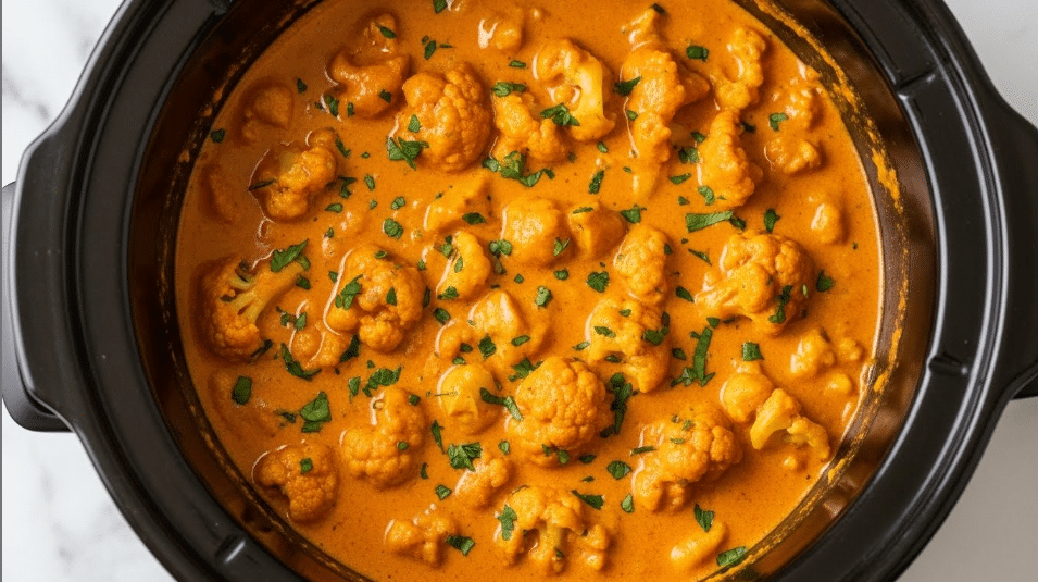 This image shows a close-up of a slow cooker filled with a thick orange curry sauce mixed with small cauliflower florets and pieces of a light-colored ingredient, topped with small green herb bits scattered evenly. The curry looks creamy with a smooth texture, and the black slow cooker contrasts with the bright curry inside. The scene is set on a white marbled surface, creating a clean and simple background. photo taken with an iphone --ar 4:5 --v 7
