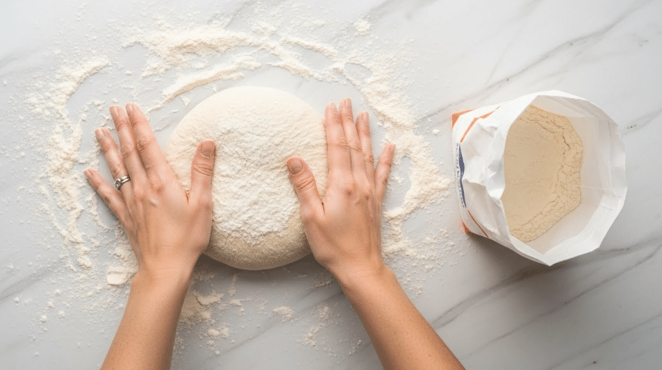 A pair of woman's hands shape a round dough ball on a white marbled surface dusted with flour. The dough is light beige, soft, and slightly textured with flour on top. To the right, there is an open white flour bag partially visible, lying flat on the surface. The woman's hands are positioned gently pressing and stretching the dough from opposite sides. photo taken with an iphone --ar 4:5 --v 7