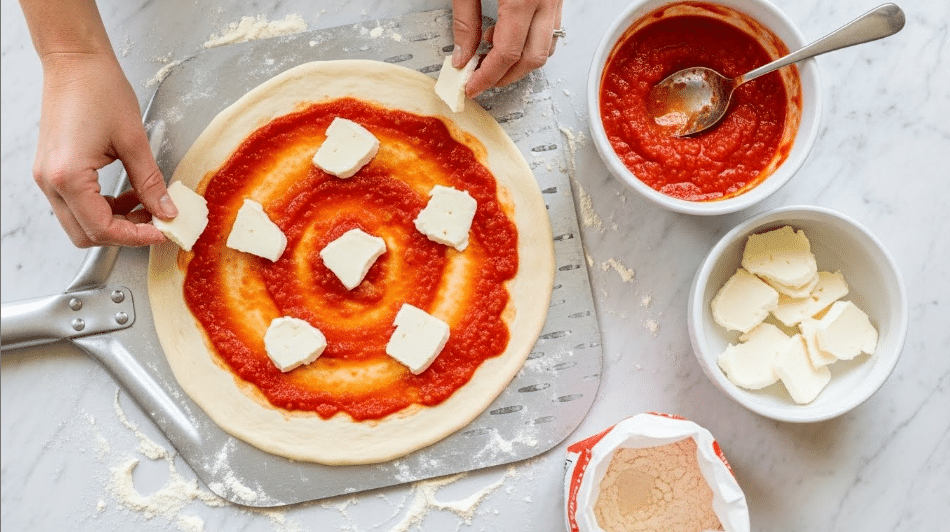 A round pizza dough is laid on a metal pizza peel with flour on it, placed on a white marbled surface. The bottom layer is a dough circle with a bright red tomato sauce spread evenly, leaving a thick edge of raw dough around it. There are six pieces of soft white cheese placed on top of the tomato sauce. A woman's hand is putting another piece of white cheese on the dough. Next to the dough, there is a white bowl filled with tomato sauce and a spoon inside it, and a white bowl with more cheese slices is nearby. A small bag of flour is partially visible at the bottom right. Photo taken with an iphone --ar 4:5 --v 7