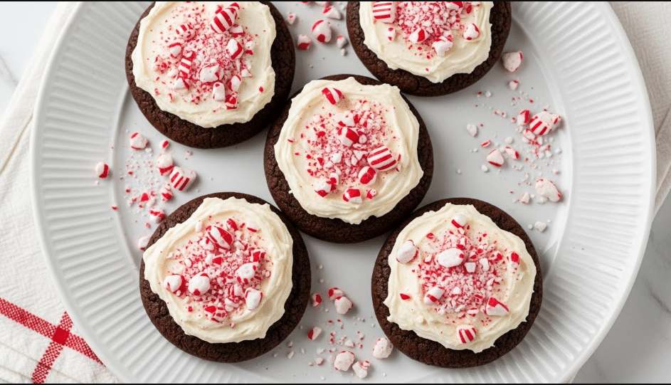 Five dark brown cookies form the base on a round white plate with ridged edges, each cookie topped with a thick, rough layer of creamy white frosting. On top of the frosting, crushed pieces of red and white peppermint candy are sprinkled generously, with more crushed candy scattered artfully on the plate around the cookies. The cookies rest on a white marbled surface with a red and white striped cloth partially visible underneath the plate. photo taken with an iphone --ar 4:5 --v 7