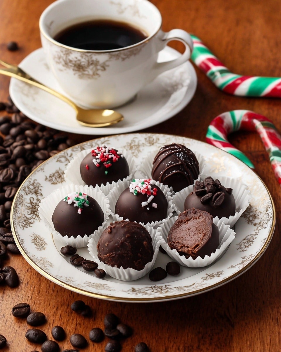 A white plate with a gold floral border holds eight round chocolate truffles, some topped with small red, white, and green candy pieces, and others garnished with dark chocolate shavings or coffee beans. One truffle is open, showing smooth, dark chocolate filling inside. The truffles sit on white paper cups, surrounded by scattered dark roasted coffee beans. Behind the plate, there is a white cup of black coffee with a gold spoon resting on the white saucer. To the right of the coffee cup, a red, white, and green striped candy cane lies on a wooden surface. Photo taken with an iphone --ar 4:5 --v 7