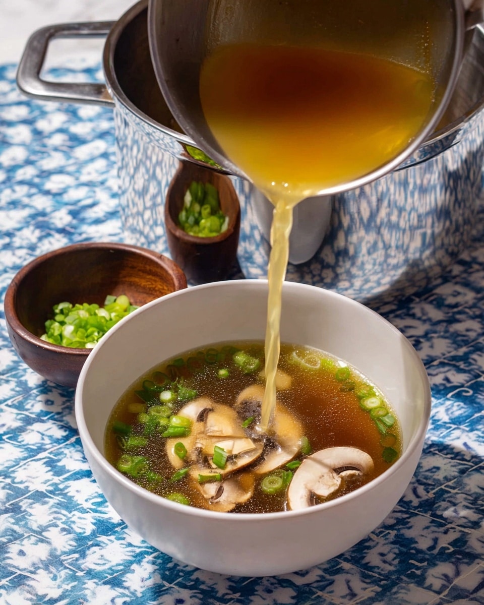 The image shows a bowl of clear brown mushroom soup placed on a white marbled surface with blue tile-like design. The soup has several light tan mushroom slices floating on top, along with small green round pieces of chopped green onions scattered across the surface. Next to the soup, there is a smaller white bowl filled with more raw light tan mushroom slices, and a small dark wooden bowl that holds finely chopped green onions. The scene is brightly lit, creating clear shadows and highlighting the textures and colors of the soup and ingredients. Photo taken with an iphone --ar 4:5 --v 7