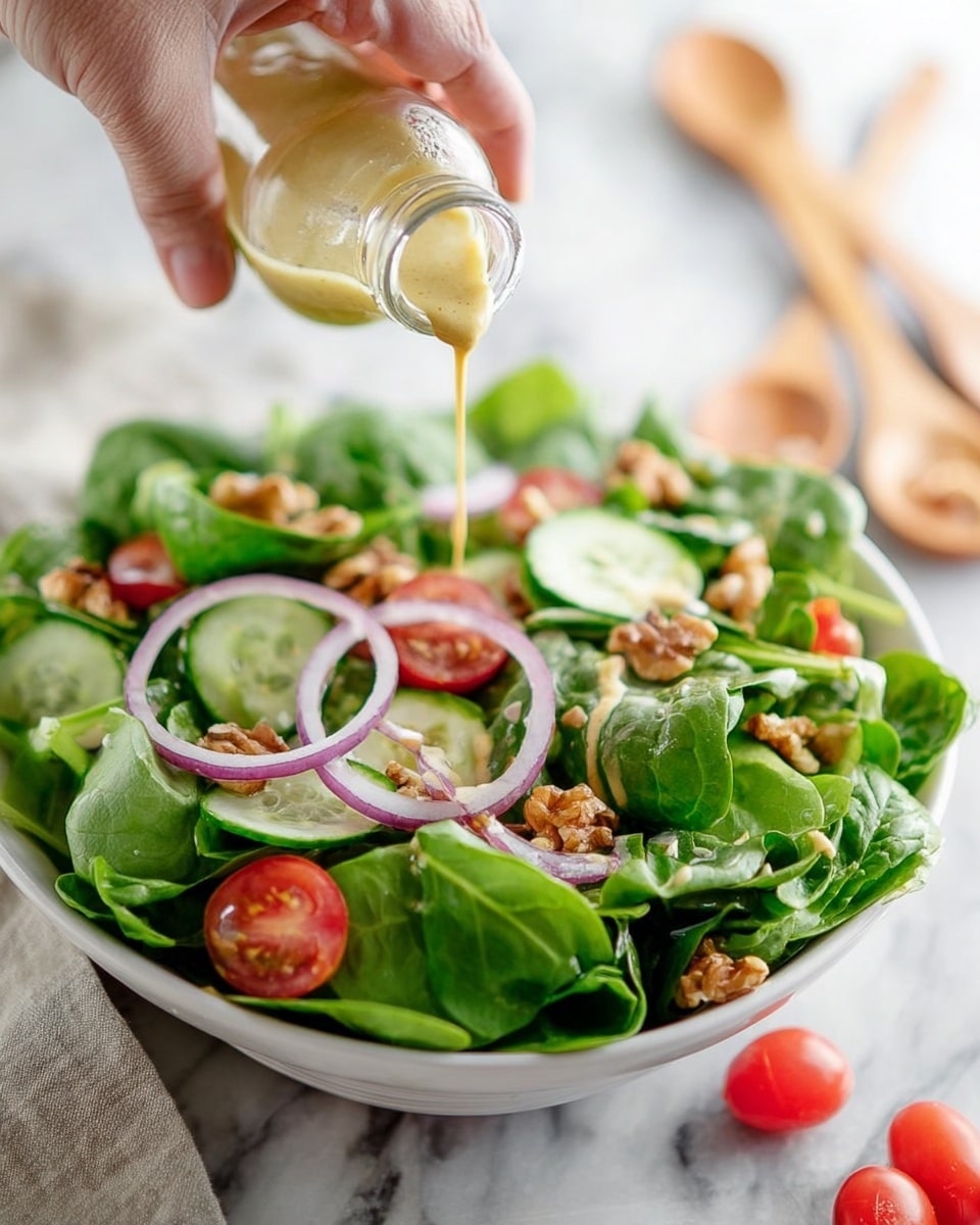 A fresh salad served in a white bowl filled with bright green spinach leaves forming the base layer, topped with thin cucumber slices of light green with seeds showing, red cherry tomato halves, purple onion rings, and brown walnuts scattered on top. A woman's hand is pouring a creamy light yellow dressing from a small clear glass bottle right above the salad. The bowl is placed on a white marbled surface, with some small red cherry tomatoes and wooden spoons visible in the background. photo taken with an iphone --ar 4:5 --v 7