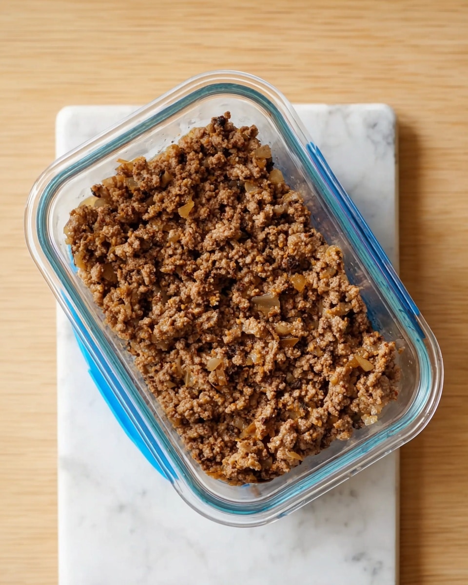 A clear rectangular glass container filled with one layer of cooked ground meat that is brown and crumbly with small bits of onion mixed in. The container rests on a white marbled surface and is placed on top of a white container lid with blue edges. The photo is taken from above showing the meat layer evenly spread inside the container. photo taken with an iphone --ar 4:5 --v 7