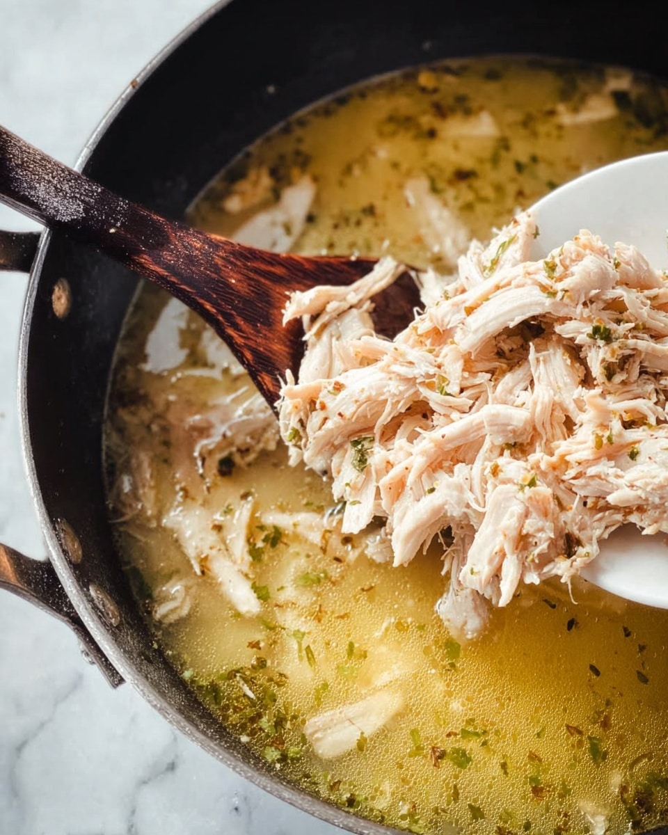 The image shows shredded light pink chicken being moved from a white plate using a dark wooden spoon into a black pot filled with yellowish broth that has small bits of herbs and fat floating on the surface; the shredded chicken appears soft and fibrous with uneven pieces, and the pot is placed on a white marbled surface. photo taken with an iphone --ar 4:5 --v 7