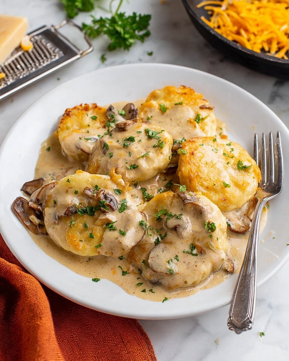 The image shows a white plate with four large, round dumplings covered in a thick creamy sauce. The dumplings are pale yellow with some lightly crispy, golden-brown edges. The sauce is light beige with small specks of seasoning and bits of darker brown mushrooms visible. On top of the dumplings, there are small green parsley leaves scattered for garnish. To the right side of the plate, a silver fork is partially visible, resting on the plate. The plate is placed on a white marbled surface with a small orange cloth nearby, and in the background, a black pan and a metal grater with shredded orange cheese are partially visible. photo taken with an iphone --ar 4:5 --v 7
