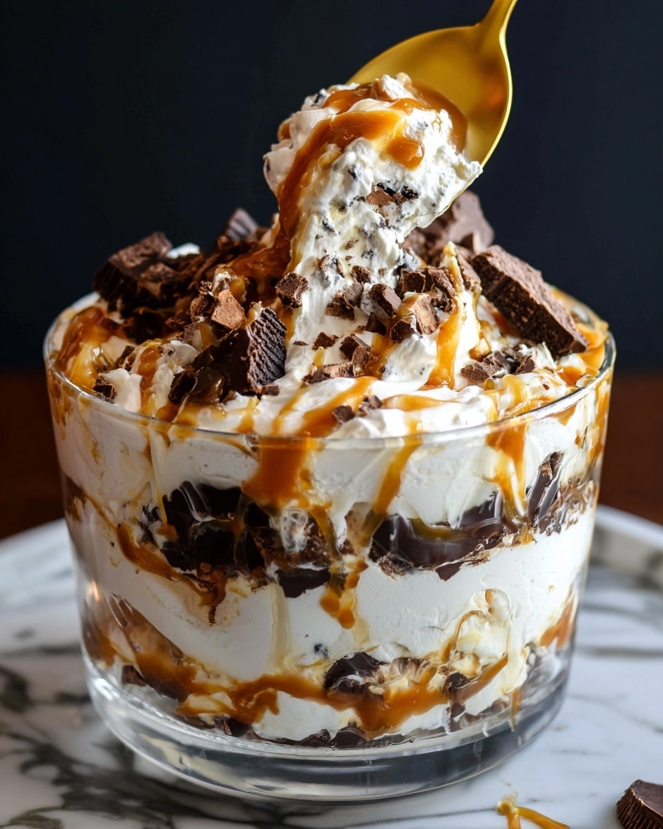 A tall clear glass bowl filled with multiple layers of creamy white whipped topping, dark chocolate chunks, and swirls of caramel sauce. The layers alternate between smooth whipped cream and rich chocolate pieces, with caramel sauce generously drizzled across the sides inside the bowl, creating a marbled effect. A golden spoon is scooping a mix of all the layers, showing a chunky texture of chocolate and fluffy cream with caramel streaks. The bowl sits on a white marbled surface with a dark blurred background. Photo taken with an iphone --ar 4:5 --v 7