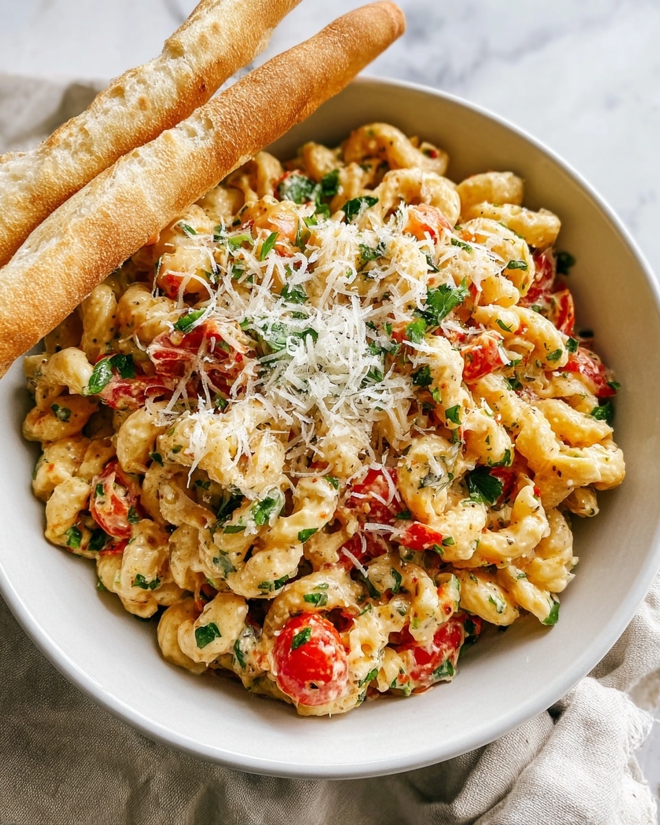A white bowl holds a creamy pasta dish made of twisted rotini pasta mixed with small pieces of green herbs and chunks of red tomatoes. The creamy sauce coats the pasta, giving it a soft light beige color with spots of red and green throughout. On top of the pasta is a generous sprinkle of finely shredded white cheese, adding a fluffy texture. Two long, lightly browned breadsticks rest across the top of the bowl. The bowl is placed on a white marbled surface. photo taken with an iphone --ar 4:5 --v 7